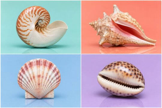 Seashell Collection With Nautilus, Conch, Scallop, and Cowrie