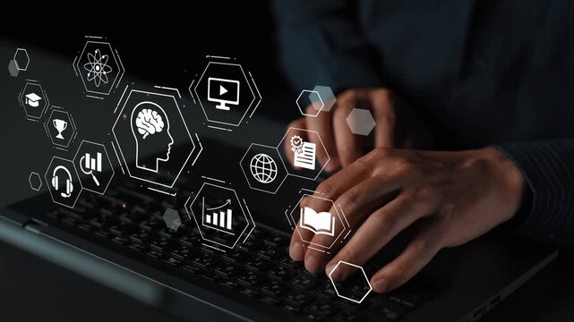 Hands typing on a laptop keyboard with digital icons representing technology, education, and creativity emerging from the screen in a modern workspace Gluon.