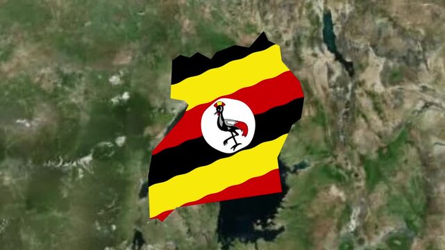 Uganda map flag animation flying over realistic aerial landscape video footage