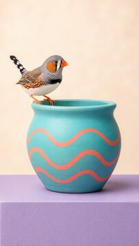 Zebra Finch Perched on the Rim of a Colourful Clay Pot