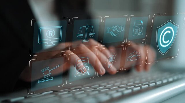 Digital copyright protection system showing secure ownership, intellectual property rights, content verification, and legal warning icons for creators and publishers Marrow