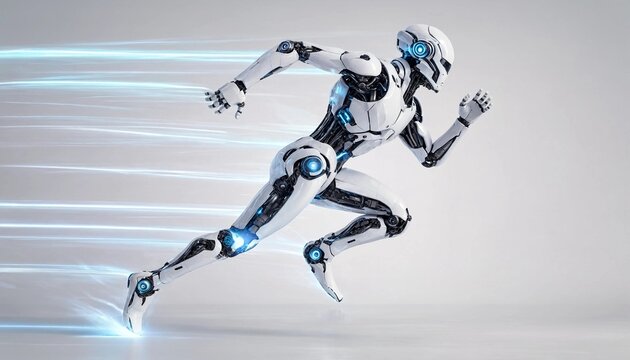Futuristic humanoid robot running at high speed with blue motion trails and glowing joints