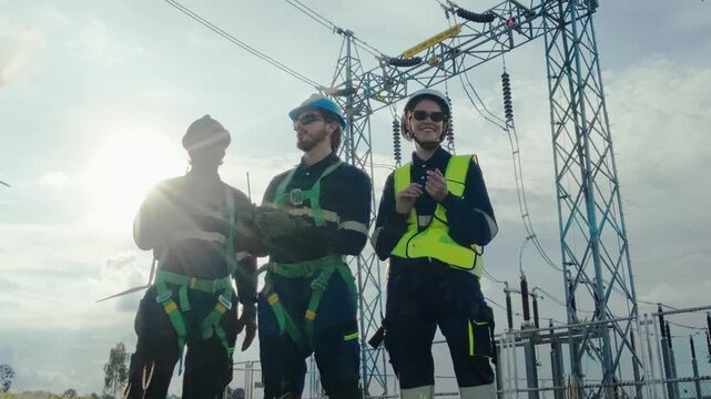 Workers stand near power lines at an electrical site discussing safety measures