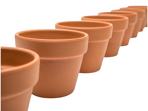 Row of empty terracotta clay flower pots in diagonal line on transparent background