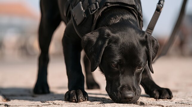 Black Labrador Retriever sniffing ground intently, wearing a training harness and leash, focused and alert