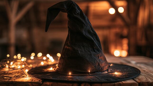 Dark wizard hat sits on a wooden surface, illuminated by warm, soft, bokeh lights in a mysterious setting