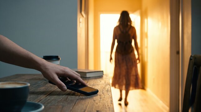 A hand reaches for a smartphone on a wooden table while a woman walks through a doorway. The scene captures a moment of departure with warm lighting. Ideal for lifestyle and technology themes.