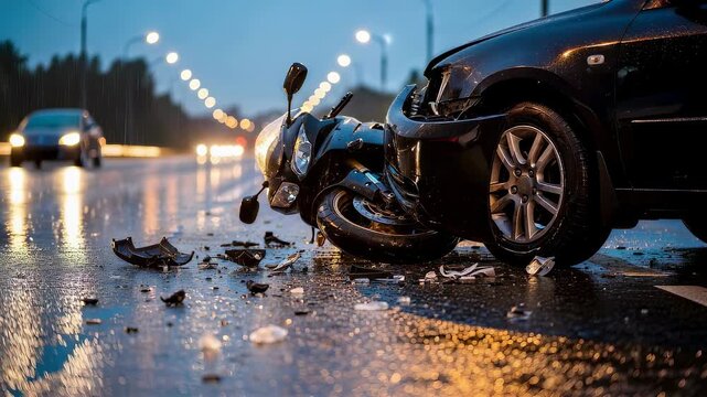 Car crash involves motorcycle at night during rainfall. Vehicle collision on wet road with debris scattering across lane. Traffic accident security safety concept.