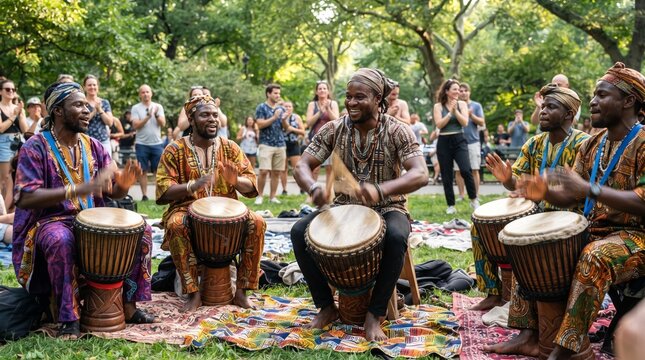 Group of african drummers playing djembe percussion instruments in public park