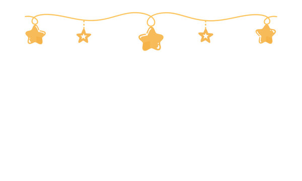 Elegant hanging star garland border with golden Christmas ornaments and delicate curved line in minimalist flat vector style for greeting cards, invitations and holiday banners.