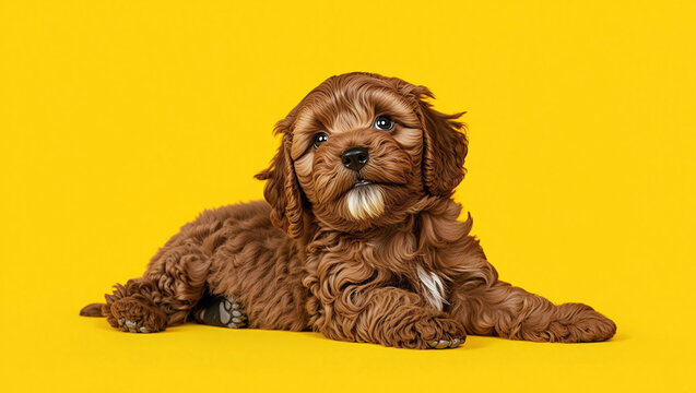 Cute Cavapoo Puppy on Bright Yellow Background. Vibrant studio photo of a fluffy Cavapoo puppy lying on a solid bright yellow background.