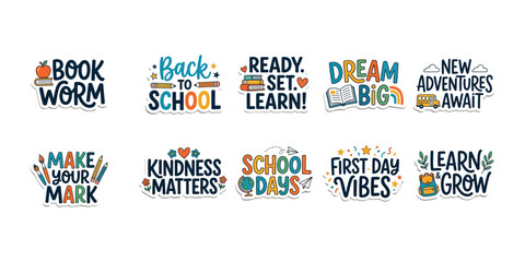 Fototapeta premium Set of colorful back to school themed stickers featuring educational quotes isolated on transparent background silhouette