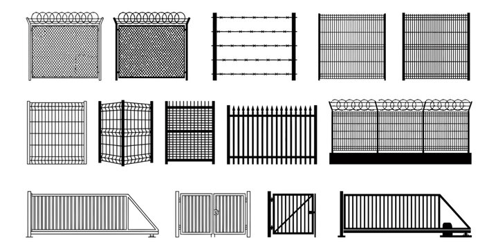 Collection of various metal fence and security gate designs isolated on transparent background silhouette