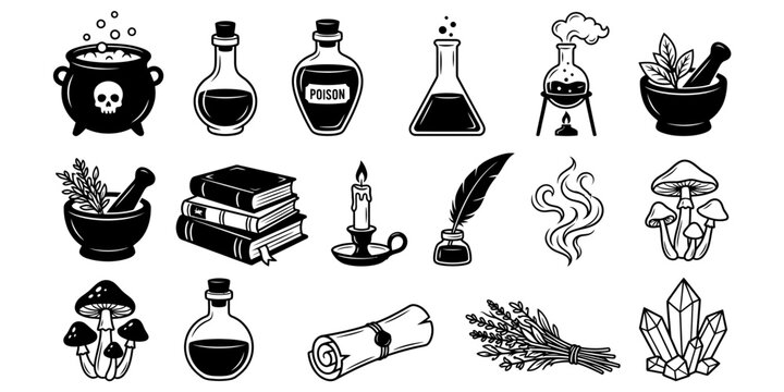 Set of magical witchcraft elements and alchemy tools as a black silhouette isolated on transparent background