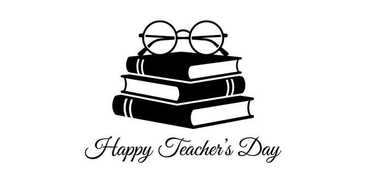 Happy teacher day greeting with stack of books and glasses isolated on transparent background silhouette