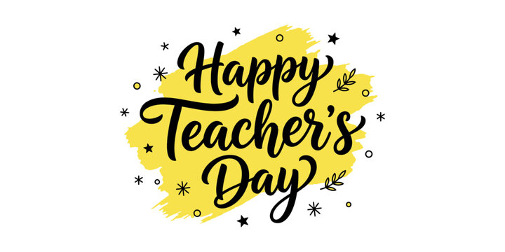 Happy teachers day lettering design with yellow brush stroke isolated on transparent background silhouette