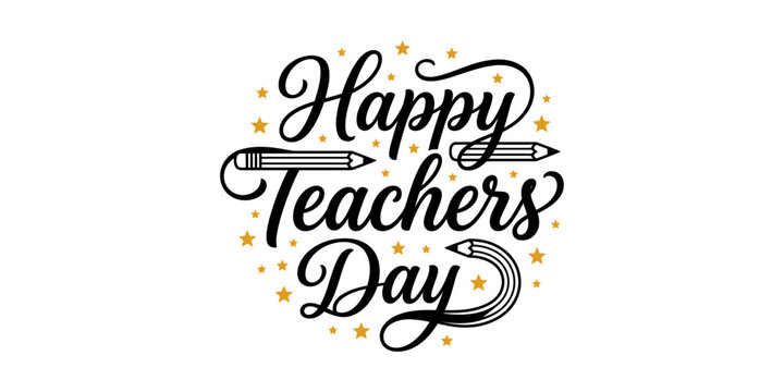 Happy teachers day lettering with pencils and stars isolated on transparent background silhouette
