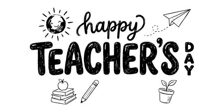 Happy teachers day hand drawn lettering with school icons isolated on transparent background silhouette