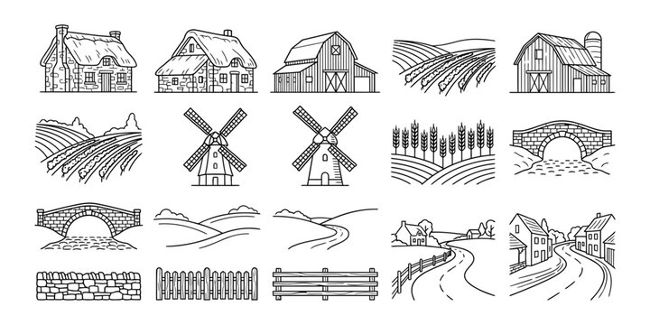 Set of hand drawn farm and rural landscape icons isolated on transparent background silhouette