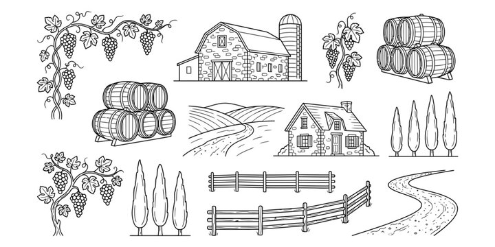 Set of hand drawn winery and vineyard elements isolated on transparent background black and white silhouette