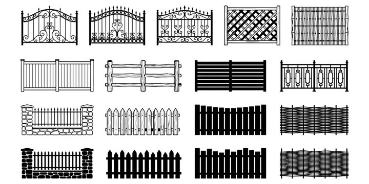 Collection of various garden fence and gate designs isolated on transparent background silhouette