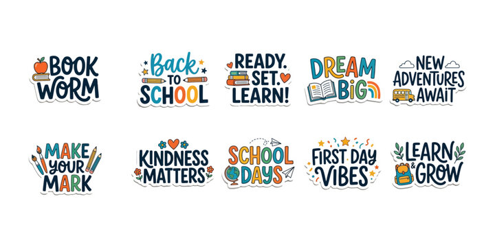 Set of colorful back to school themed stickers featuring educational quotes isolated on transparent background silhouette