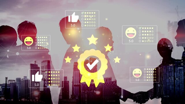 Business partnership and teamwork concept with digital rating, emojis, and urban skyline in the background showcasing success and collaboration. Entropy.