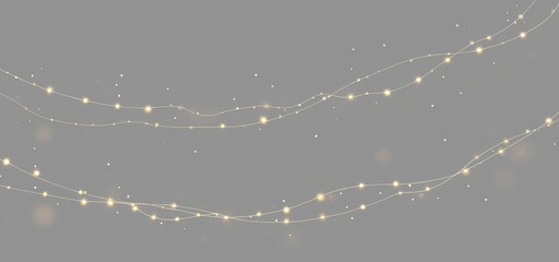 Golden bokeh particle wave set isolated on grey background. Abstract glowing gold glitter dust garland overlay. Luxurious gold light confetti particle trails set © Olena