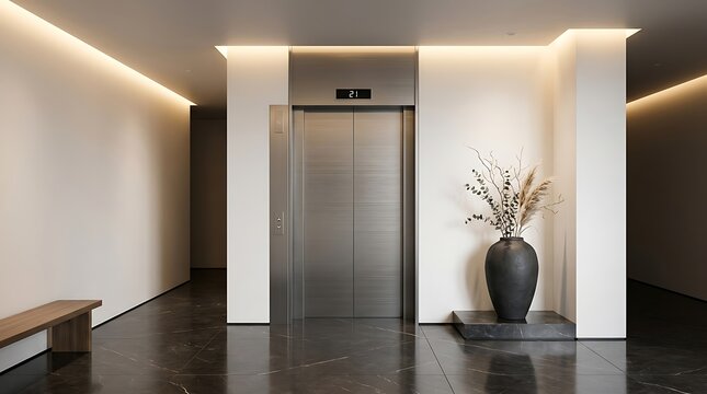 Modern elevator lobby with minimalist interior design and decorative vase.