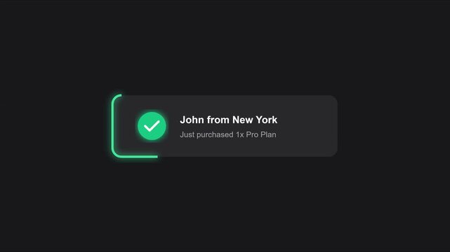 Animated sales notification pop-up: john from new york purchased pro plan overlay for e-commerce and website conversion tracking animation 4k