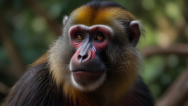 Vibrant close-up portrait of a colorful mandrill monkey with striking facial markings in a lush natural habitat
