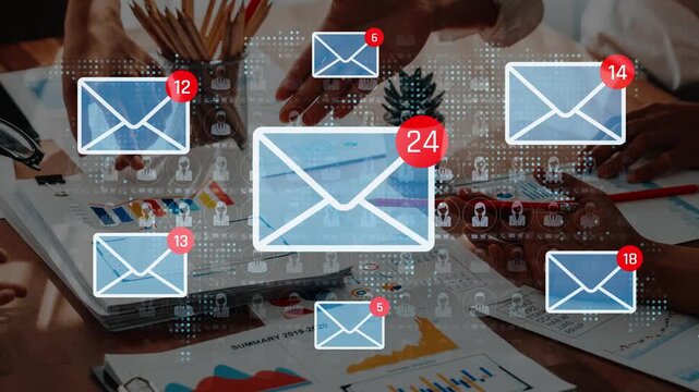 Digital communication concept with visible email notifications, mail icons, and interaction among professionals in a modern office setting Sigmoid