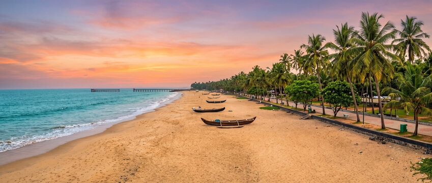 Beautiful Kozhikode Beach featuring golden sandy shoreline, swaying coconut palms, Arabian Sea waves and breathtaking tropical sunset landscapes in Kerala India