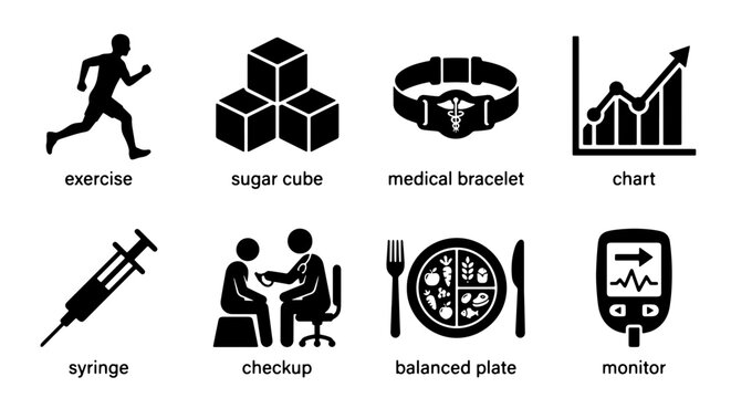 Diabetes Management Icons: Exercise, Sugar, Medical Bracelet, Chart, Syringe, Checkup, Plate, Monitor