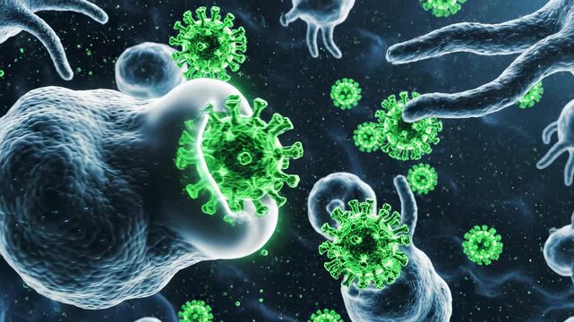 AI generated 4k video of white blood cells attacking green viruses under deep microscopic lighting.