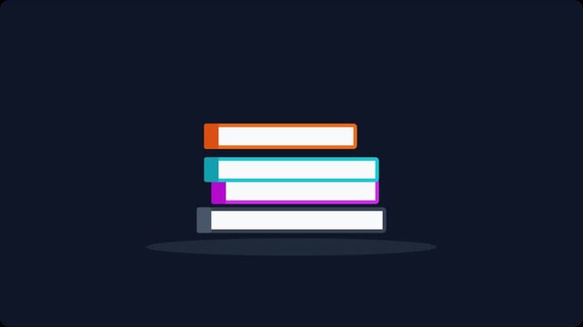 Animated stack of colorful books appearing and disappearing on dark animation 4k background, reading education