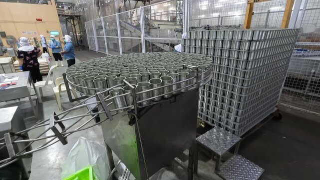 Cans move along the conveyor belt in a food processing facility