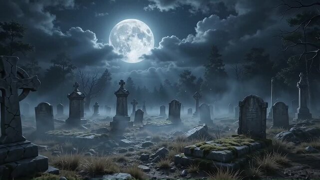 Mysterious dark foggy graveyard with ancient tombstones and creepy dead trees, under bright full moon Halloween background