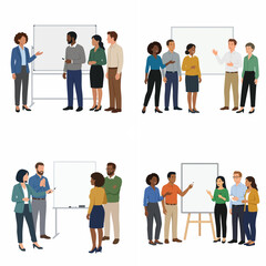 Obraz premium Flat vector illustration set of diverse business professionals in office meetings, presenting at whiteboards, brainstorming, and collaborating on corporate projects.
