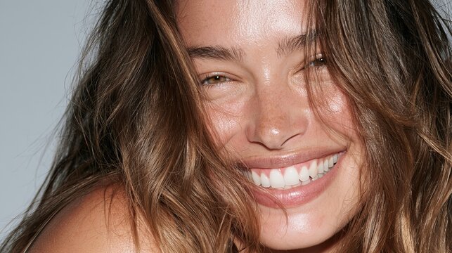 Close-up portrait of a smiling woman with long, flowing hair and a radiant, natural expression