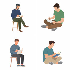 Obraz premium Set of men sitting and writing in notebooks flat vector illustration