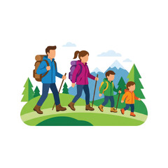 Fototapeta premium Family with children carrying backpacks hiking on a mountain trail, representing outdoor adventure and active lifestyle
