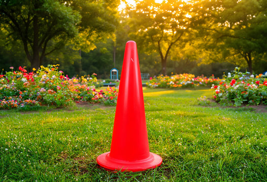 Bright red traffic cone standing on green grass in a park with Colorful flowers and trees at sunset, Colorful flower beds and green trees are visible in the background, illuminated by the warm