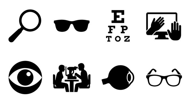 Optometry Icons Set: Eye Care, Vision Test, Eyeglasses, Magnifying Glass, Ophthalmology