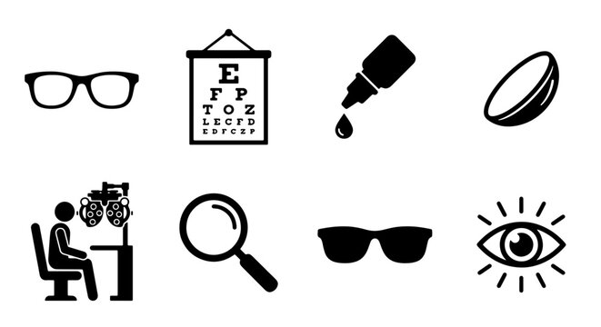 Optometry Icons Set: Vision Care, Eye Exam, Glasses, Contact Lens, Magnifying Glass