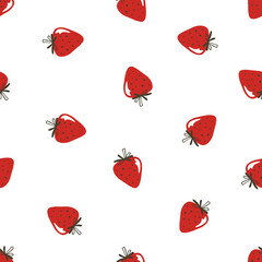 Seamless pattern with hand-drawn red strawberries on a white background. Cute berry background for fabric, wallpaper, packaging, and textile design. © Liubov