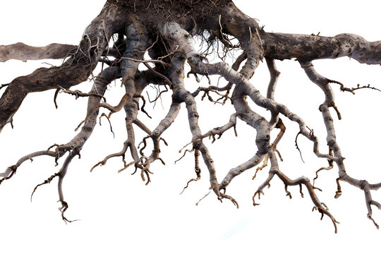 Exposed tree root system extending downward over black background