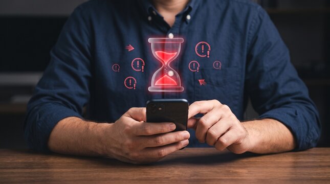 Hands using mobile phone with glowing hourglass icon symbolising cybersecurity time sensitivity hourglass cybersecurity security protection deadline hologram vulnerability information