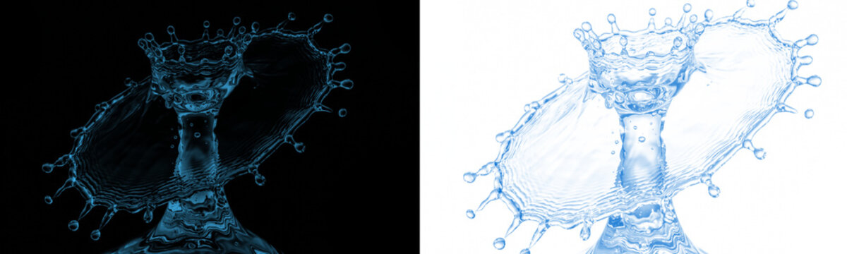 Colliding water drops creating a crown splash and a thin sheet of water, captured with highspeed photography, split screen with black and transparent backgrounds