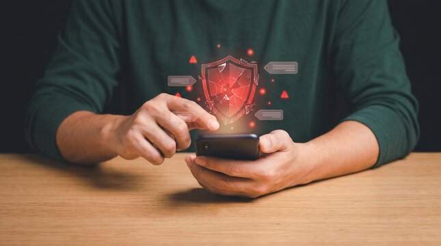 Mobile phone device with digital glowing red shield icon representing protection and cybersecurity protection cybersecurity security encrypted vulnerability prevention information authenticati